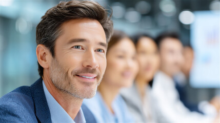 Confident man in office environment smiling during a business meeting, symbolizing teamwork, leadership, corporate success and professional communication.