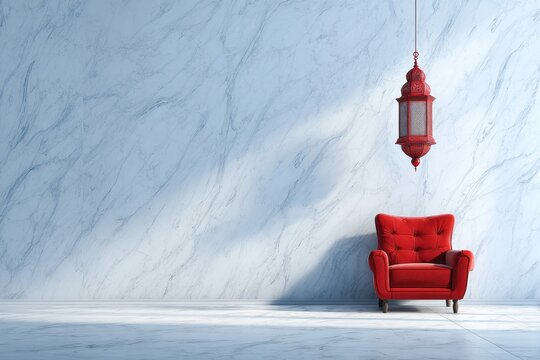 Ornate red lantern hangs above a plush crimson armchair set against a marbled wall