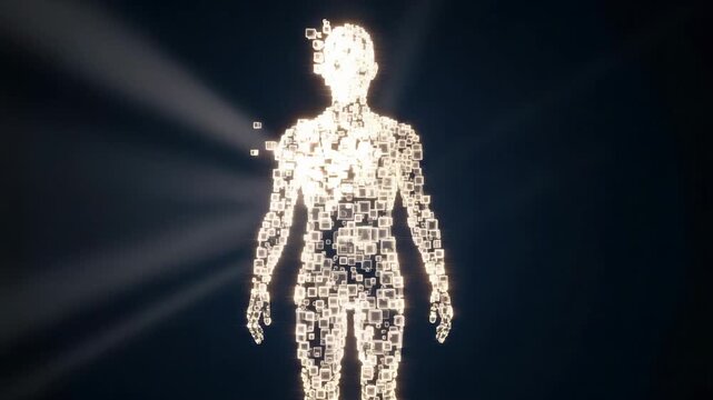 Abstract Human Body Visualization with Data Fragmentation and Light Rays on Dark Background