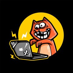 fun silly crazy cat tech cartoon character isolated drawing bold line art style design illustration