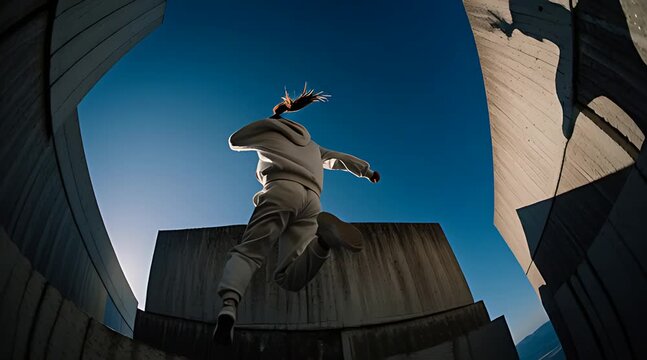 Low angle view of young woman in white tracksuit performing parkour jump between concrete walls under blue sky