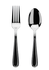 perfectly upright mirror-finish stainless steel fork and spoon, macro isolated on high-key transparent background with copy space. concept for kitchenware advertising