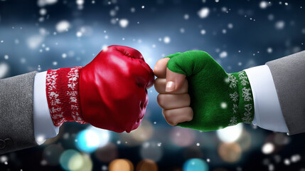 Faceless fist bump between colleagues with Christmas gloves, winter business agreement, holiday partnership gesture, seasonal team building moment, festive collaboration closeup, w