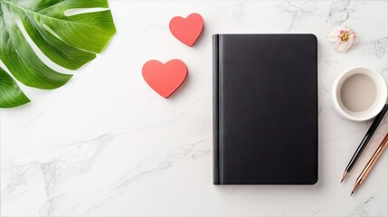 A flat lay composition featuring a black notebook, two red hearts, a green tropical leaf, a small flower, a cup of coffee, and two pens on a white marble backgr