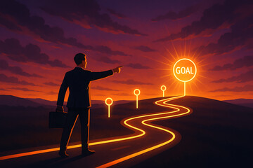 path to success and business goal achievement concept showing a businessman pointing at a bright sun-like goal signpost at the end of a glowing winding road at dusk