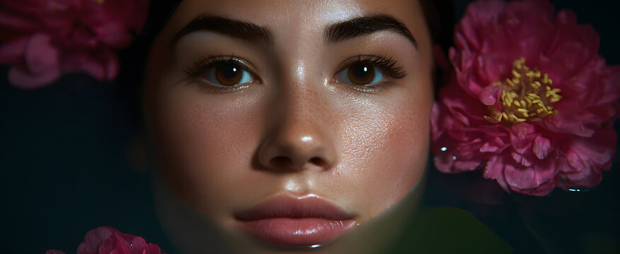 The womans face exudes a serene and tranquil expression.