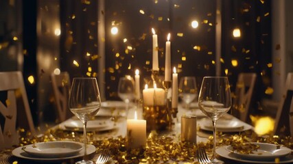 Festive table setting with candles and falling gold confetti for a celebration Keywords: table, setting, festive, celebration, party - Powered by Adobe