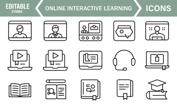 Minimal Line Art Icons for Online Learning, Video Classes, Tutorials, Chat Tools, and Digital Education Platforms