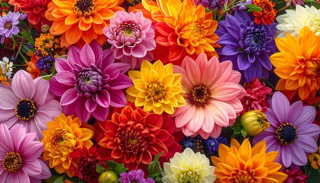 Vivid, colorful dahlia collection arranged beautifully, displaying diverse petals and a spectrum of captivating hues