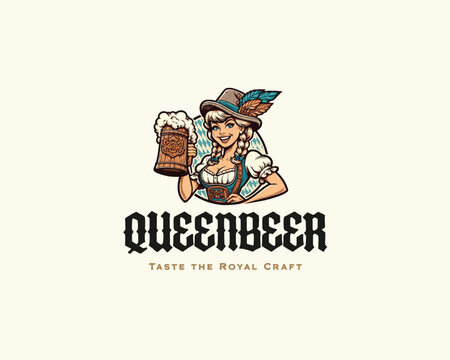 vintage classic beauty girl wearing hat holding a big beer glass logo template