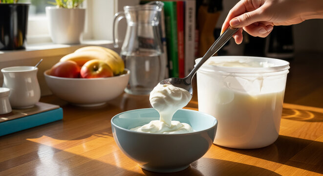 Fresh Yogurt In Large Container With Spoon