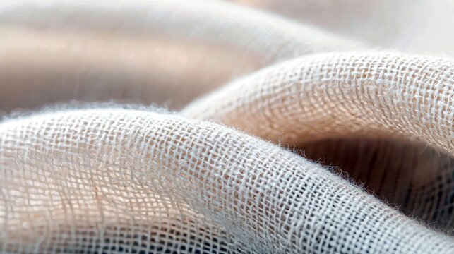 A detailed macro shot of beige linen fabric, showing its woven texture and soft folds under gentle, diffused lighting.
