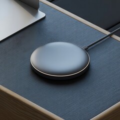 Charging pad on wood table with laptop for fast charging and convenience at home or in office modern tech accessory for electronics device usage