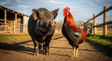 Farmyard Companions A Pig and a Rooster Share a Moment on a Rural Landscape