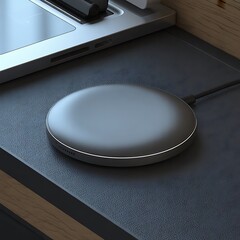 Wireless charger on dark desk with laptop for modern charging convenience at home or office a sleek design for fast induction of devices and electronics