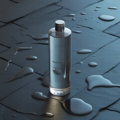 Liquid in bottle on dark slate background for product presentation with water splashes and drops ideal for cosmetics or skincare visuals
