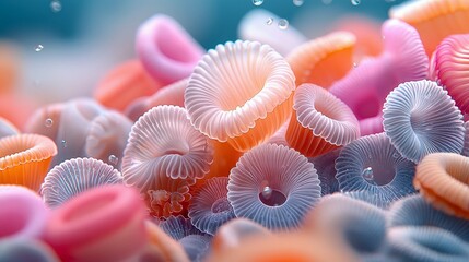 A vibrant, macro shot of a cluster of sea anemones in various pastel shades of pink, orange, and blue, with tiny bubbles floating around them in soft, diffused