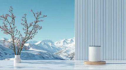 A white vase with delicate cherry blossom branches stands on a white surface, with a backdrop of majestic snow-capped mountains under a clear blue sky. To the r