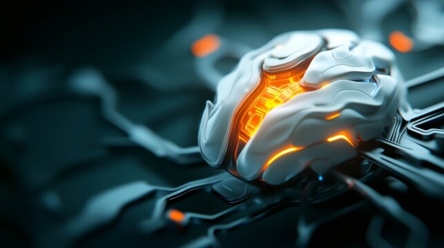 Glowing AI brain with circuits powering up, digital futuristic depiction of artificial intelligence