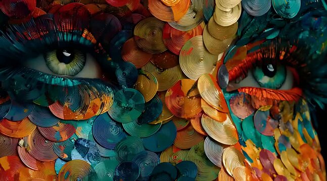 Abstract artistic face animation featuring colorful paper quilling texture with intense green eyes and swirling patterns