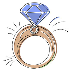 Sketch of gold ring with blue diamond centerpiece  