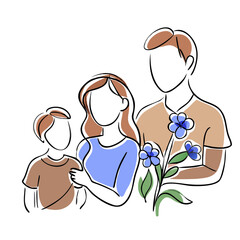 Family holding flowers and standing together in illustrated style  