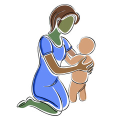 Mother holding baby while kneeling in a simple outline style  