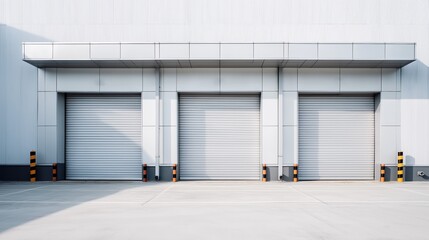 Modern industrial warehouse building exterior with three closed roller shutter doors. Grey facade and empty concrete loading dock area for logistics and shipping.
