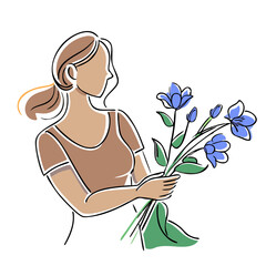 Woman holding a bouquet of blue flowers in an artistic style  