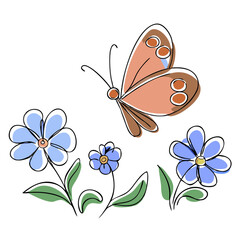 Orange butterfly flying above blue flowers in simple illustration  