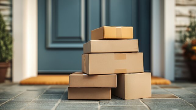 Stack of cardboard boxes on doorstep in front of a blue door. Online shopping delivery concept for shipping and logistics.