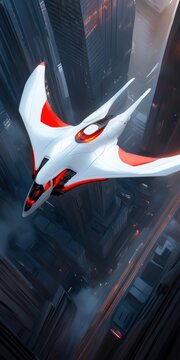 Futuristic spaceship flying over skyscrapers in cyberpunk city, digital illustration
