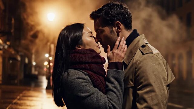 passionate kiss - A couple shares a romantic kiss in a misty, dimly lit street, surrounded by soft light and fog, capturing an intimate moment amidst urban scenery