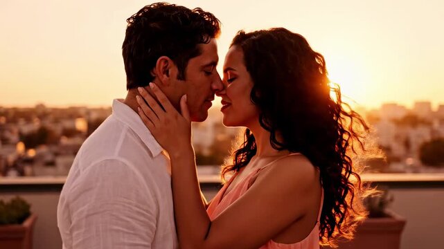 passionate kiss - A couple shares a romantic kiss at sunset on a rooftop, silhouetted against the orange glow of the setting sun, embodying love and intimacy in a serene environment