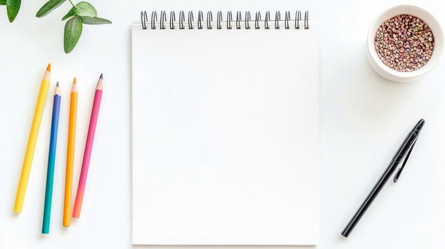 A flat lay composition featuring a blank spiral-bound notebook, colored pencils, a pen, and a small bowl of beads on a white surface with a green leaf.
