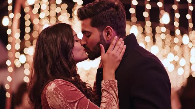 passionate kiss - A romantic couple sharing a kiss, surrounded by soft glowing lights, creating an intimate atmosphere filled with warmth and affection amidst a festive backdrop