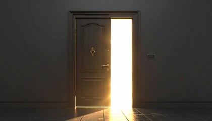 The Open Door to a New Year. Happy New Year. A large dark ornate and heavy door representing the old year is shown slightly ajar. Through the opening a blindingly bright and hopeful golden light.
