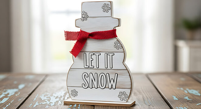 Festive wooden snowman table decoration with a red burlap ribbon and the words Let It Snow adds warmth to any winter holiday home decor