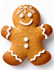 Galleta sonriente de jengibre adornada con azúcar, dulce típico de navidad, aislada en fondo blanco para publicidad en campaña navideña