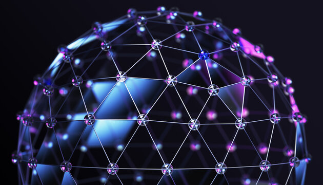 Abstract neon glass blue and purple wireframe 3d sphere of dots and lines on black background. Futuristic geometric bg with hologram circular polygon mesh, grid ball, global network. 3D illustration