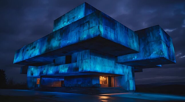Futuristic projection mapping on brutalist building facade with blue digital wave patterns at night
