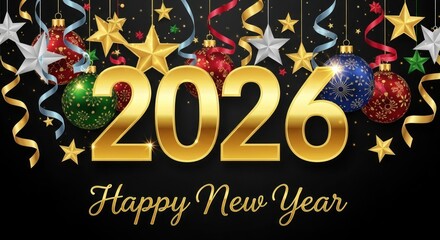 Festive new year 2026 celebration with ornaments and stars on black background