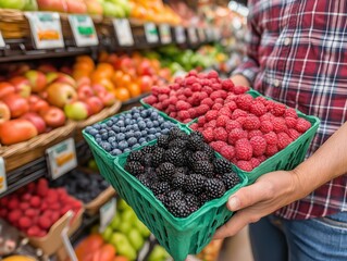 Freshly harvested berries in a green basket, showcasing vibrant colors of blueberries, blackberries, and raspberries, surrounded by a variety of fruits in a grocery store setting