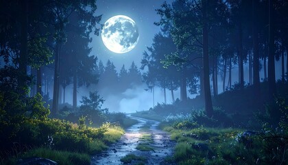 A woodland path, lit by a full moon, winds through towering trees under a hazy, starlit, nocturnal sky