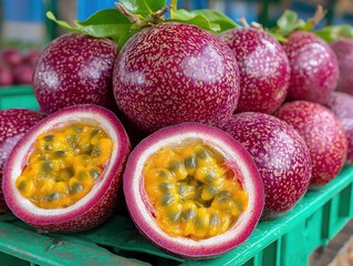 Fresh passion fruit displayed on green crate, showcasing vibrant purple skin and juicy yellow pulp, highlighting natural textures and rich flavors in a market setting