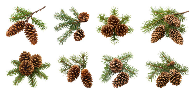 PNG Pine cones with evergreen branches, transparent background