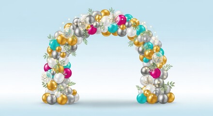 Festive balloon archway adorned with greenery on soft blue gradient background