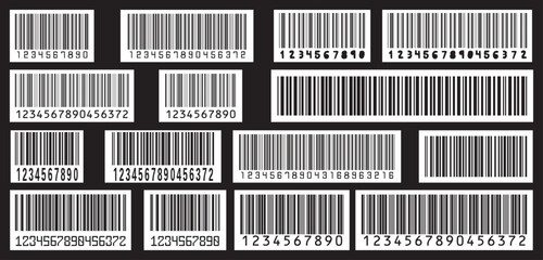 Digital bar codes labels and tags. Barcode symbols. Collection of black and white barcode vector icons in different style isolated vector illustration on black background.