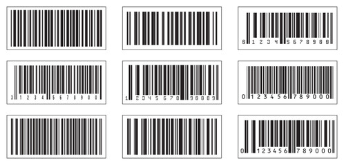 Barcode vector icons set. Bar code for product and sales. Collection of various black and white barcode vector icons isolated on a white background. Digital bar codes labels and tags.