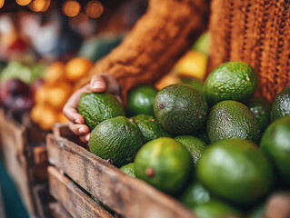 Woman with brown sweater holds fresh avocados in a wooden crate at a vibrant market, surrounded by colorful fruits, showcasing healthy lifestyle and organic produce